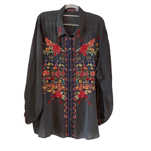 Johnny Was Tops - Long sleeve collared button down silk top by Johnny Was